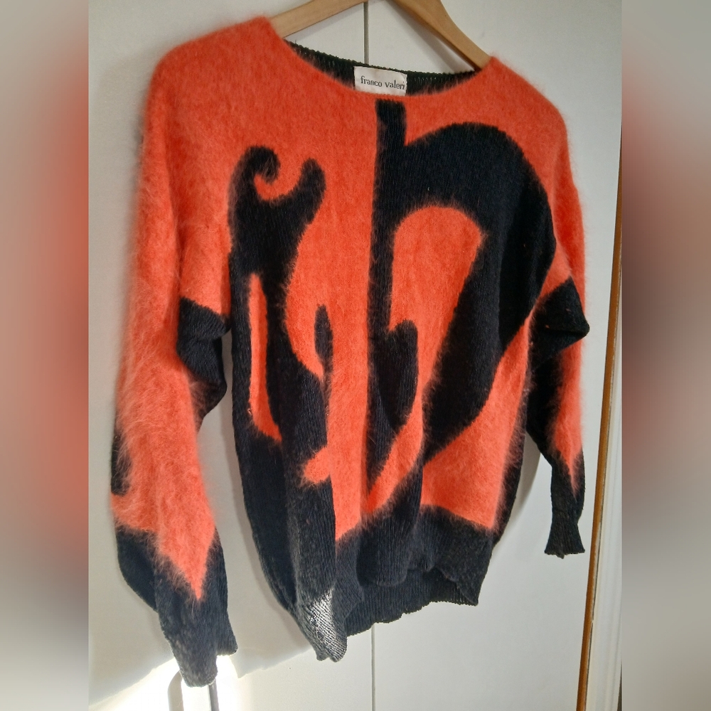 Vintage Franco Valeri Angora Blend Knit Sweater Lg Black Orange Artsy Abstract - Picture 3 of 7